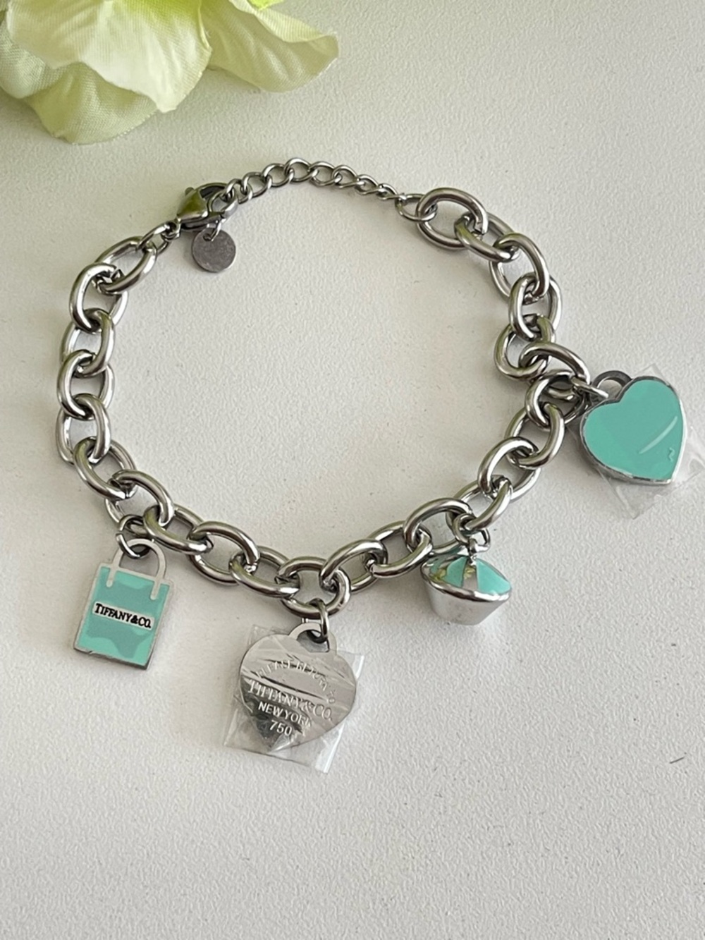 Trendy Silver Charm Bracelet with Blue Enamel Charms